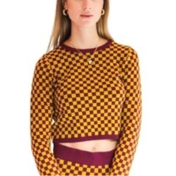 Daydreamer Fig Check Cropped Sweater Size Medium - Picture 2 of 11
